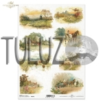 ITD Collection papier ryżowy A4 wieś, wioska, chałupa, krowa, konie kod.prod.R1079